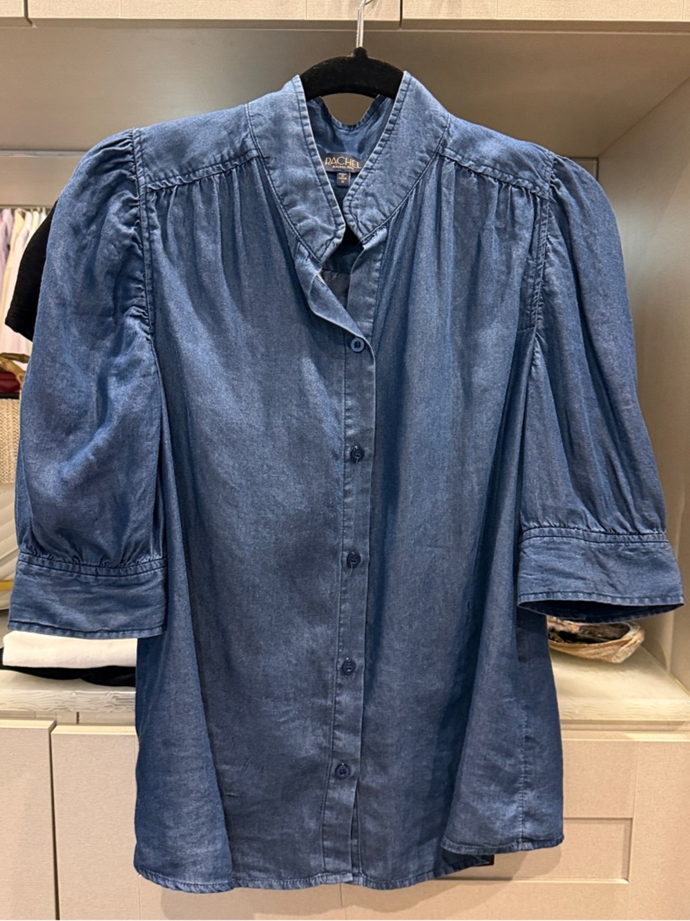 RACHEL Rachel Roy Washed Blue Denim Button-Down Blouse with Puff Sleeves